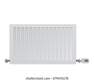 Steel panel radiator on a white background. Managing electronic thermal head on the valve. Connection to the heating system right and left. HVAC vector illustration.