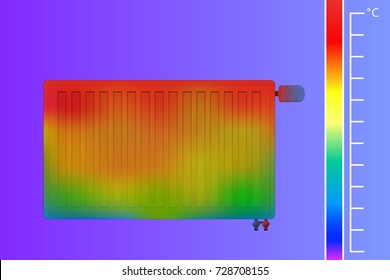 Steel panel radiator for water heating system. The heat flow is controlled by a thermostatic valve with the head. A scientific study by scanning thermal imager. Vector illustration.
