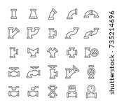 Steel pipe connector and valve for plumbing and piping work, vector line icon set.