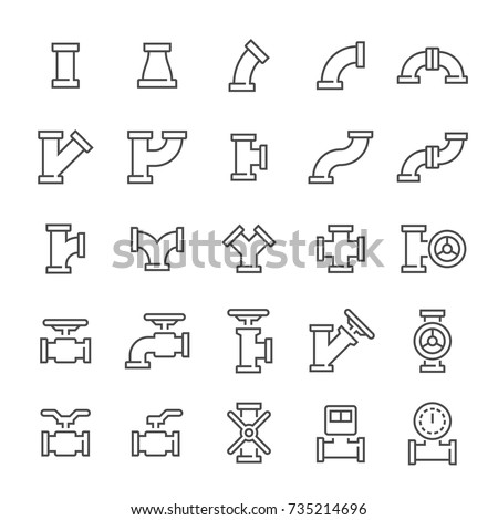 Steel pipe connector and valve for plumbing and piping work, vector line icon set.