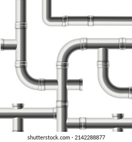 Steel pipe drainage system in realistic vector illustration isolated on white background. Pipeline construction, plumbing, metal tubes for water, oil or gas. Industrial equipment, engeneering