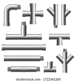 Steel Pipe Fittings. Plumbing, Water Pipes Sewage. Different Types Collection Of Water Tube. Industry Gas Valve. 