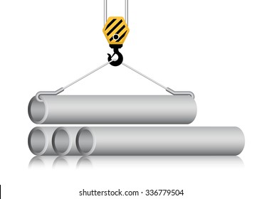 Steel pipe lifting by crane hook vector design isolated on white background. Including with hoist, rope or sling. Using for pipe transportation or pipeline construction concept. Vector illustration.