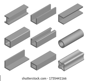 Steel pipe, metallic profile and beam. Metall industry, iron or steel signs. Construction material set. Vector illustration isolated on white background.