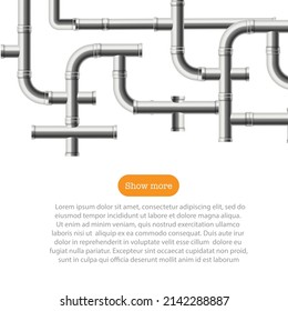 Steel pipe system in realistic vector illustration isolated on white background. Square web template with pipeline, industrial equipment. Drainage, plumbing, metal tubes for water, oil or gas