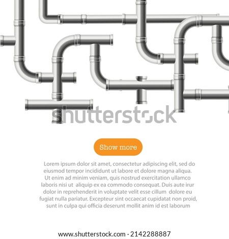 Steel pipe system in realistic vector illustration isolated on white background. Square web template with pipeline, industrial equipment. Drainage, plumbing, metal tubes for water, oil or gas