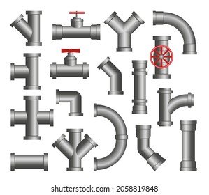 Steel pipes cartoon vector illustration set. Isolated icons of metal pipeline connection, valves, flanges, drains for water or oil system..Industrial plumbing, engineering, tube construction concept.