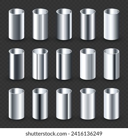 Steel pipes collection. Construction material, pipeline. Industry and engineering. Polished metal texture with silver gradient. Vector illustration
