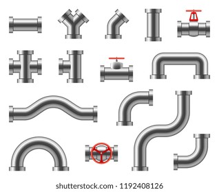 Steel pipes. Metal pipeline connectors, fittings, valves, industrial plumbing for water and gas vector set isolated. Illustration of pipeline and pipe part for water or oil