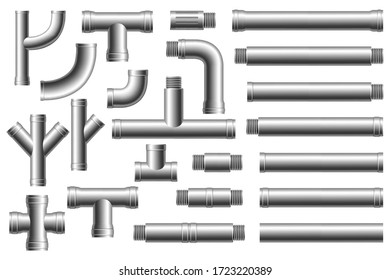 Steel pipes, pipeline. Set of pipe elements. Different types collection of water tube. Construction and industrial pressure technology plumbing.