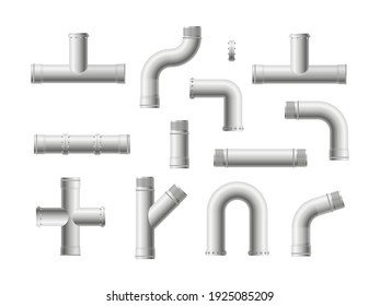 Steel pipes, pipeline. Set of pipe elements. 3D glossy steel cylindrical tube constructions. Round valves and pipe connection with bolts.