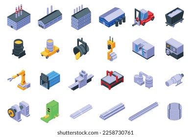 Steel Plant icons set isometric vector. Casting fire. Data work