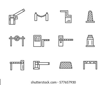 Barreiras de aço e plástico para controle de tráfego. Definir ícones de estilo de linha simples