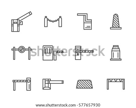 Steel and plastic barriers for traffic control. Set simple line style icons