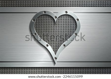 Steel plate with border in shape of heart on background of perforated metal. Vector illustration.