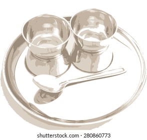 Steel plate with bowls and spoon