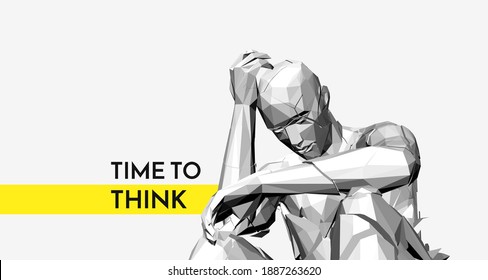 A steel polygonal man sculpture in thinker pose. 3D vector illustration.