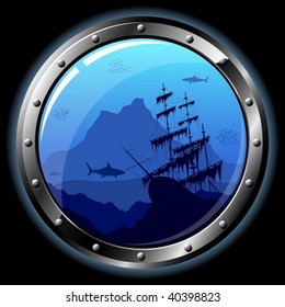 Steel porthole with a view of the underwater world - vector. All transparent elements can be easily removed.