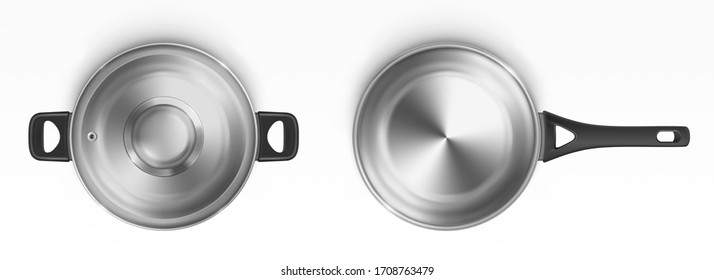 Steel pot and cooking pan top view. Empty open metal saucepan with plastic handles. Stainless casserole dish isolated on white background. Kitchen utensil, iron cookware realistic 3d vector mockup