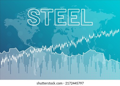 Steel price market graph on blue finance background with line, map, numbers, columns. Rise trend and down trend