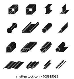 Steel product set. Pipe production, high quality strip and long iron elements in black. Vector line art illustration isolated on white background