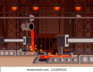 Steel production flat composition casting process in foundry work shop with automated equipment vector illustration 