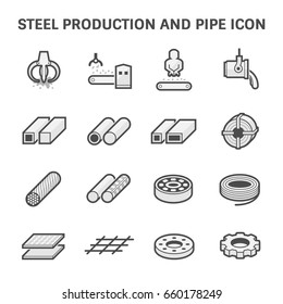 Steel production industry, manufacturing vector icon consist of worker, machine equipment and production line. Include process to casting product of steel, aluminum, iron or stainless i.e. pipe, roll.