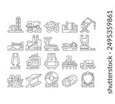 steel production industry metal icons set vector. factory plant, foundry metallurgy, manufacturing mill, furnace work, technology steel production industry metal black contour illustrations