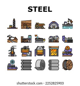 steel production industry metal icons set vector. factory iron, metallurgy industrial manufacturing, equipmen technology, construction steel production industry metal color line illustrations