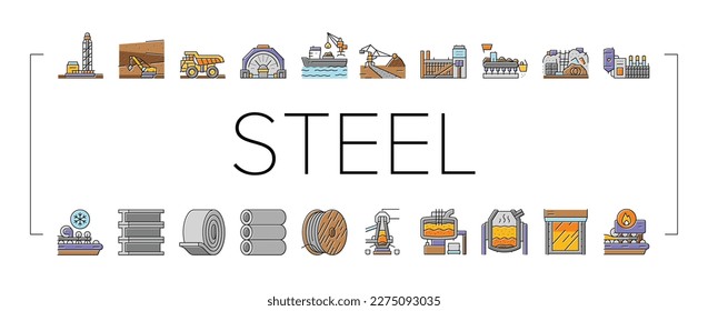 steel production industry metal icons set vector. factory iron, metallurgy industrial manufacturing, equipmen technology, construction steel production industry metal color line illustrations