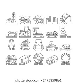 Iconos de metal de la industria de producción de acero conjunto de Vector. planta de fábrica, fundición, metalurgia, molino de fabricación, trabajo de horno, tecnología de producción de acero industria de metal negro contorno ilustraciones