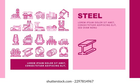 steel production industry metal landing web page header vector. factory plant, foundry metallurgy, manufacturing mill, furnace work, technology steel production industry metal color line illustrations