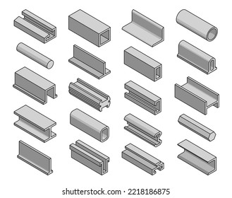 Stahlerzeugnisse, Eisenprofil Metallbalken, Rohre, Träger, Blech und Balken, Vektor-Baustäbe. Metallrohre, -balken und -rohre in isometrischem Metallprofil, Metallurgie und Baustoffe