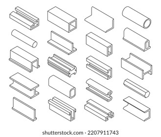 Productos de acero, siluetas de perfil de hierro. Rayo metálico, tubería, viga, chapa y barra, símbolos vectoriales. Barras de acero y tubos metálicos de construcción, materiales de tuberías y haz de la industria metalúrgica