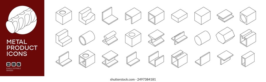 Stahlprodukte Umriss Symbol im isometrischen Stil gesetzt. Metall Produkt-Icons Set, Stahlwinkel, Kanal, Schiene, i-Träger, Stahlrohr, Rohr, Riegel. Isometrische 3D-Symbolgrafik