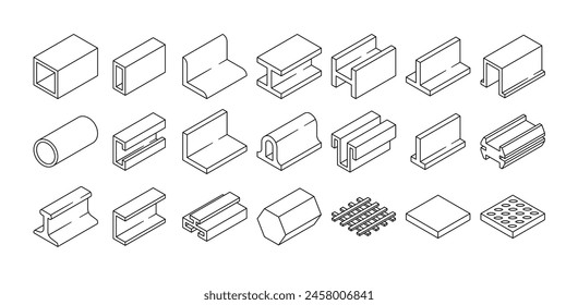 Perfiles De Acero Utilizados En La Construcción Y La Arquitectura En Un Estilo Isométrico De Arte De Línea. Conjunto de Contorno de Vector de Tubos Cuadrados