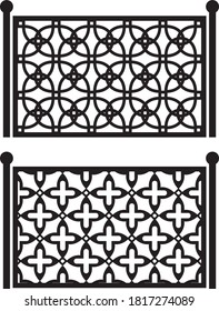Steel railing panels that include balls, flowers, leaves and rosettes. Aluminum handrail, vector construction. Use these decorative iron cross bars to create a unique window guard or balcony railing.