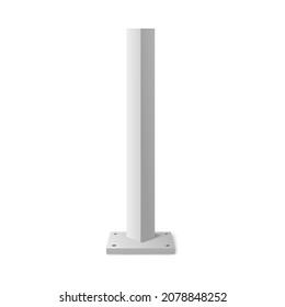 Steel realistic pole in triangle shape, vector illustration isolated on white background. Metal pipe or column for billboard, street light or advertising. Silver or plastic furniture element.