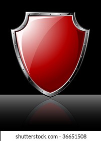 Steel red shiny shield isolated on black - vector