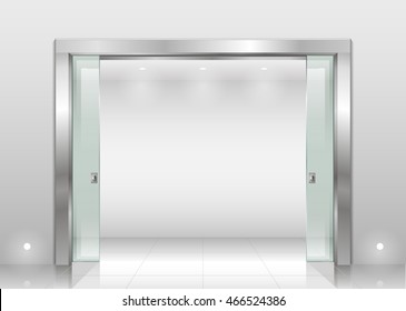 Steel Reservation Spend Entrance Hall Scientific Laboratory Or Office, A Bank With A Sliding Glass Door Of Safety Glass. Interior Space In Vector Graphics.