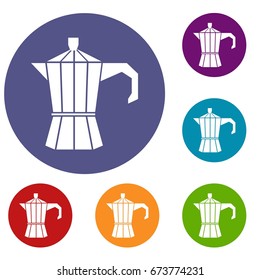 Steel retro coffee pot icons set in flat circle reb, blue and green color for web