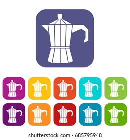 Steel retro coffee pot icons set vector illustration in flat style in colors red, blue, green, and other