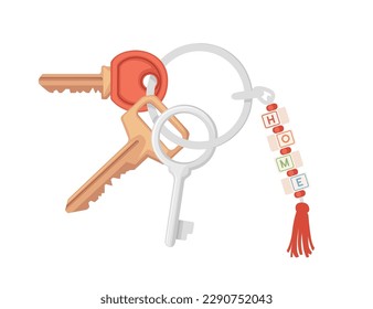 Steel ring home keychain with different keys vector illustration isolated on white background