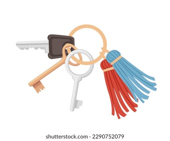 Steel ring home keychain with different keys vector illustration isolated on white background