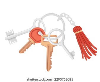 Steel ring home keychain with different keys vector illustration isolated on white background