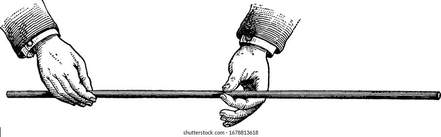 A steel rod being held horizontally by a pair of hands, vintage line drawing or engraving illustration.