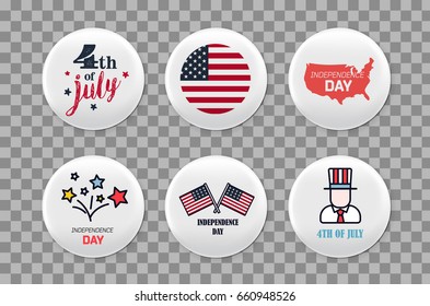 Steel round badges set. Patriotic brooch. 4th of july. Independence Day of America. Realistic mockup.