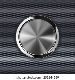 Steel round button on metal background, web icon with metallic frame. Vector illustration