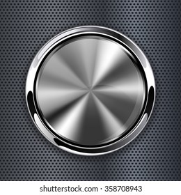 Steel round button on metal background, web icon with metallic frame. Vector illustration