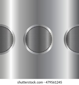 Steel round button on metal background. Stainless steel metal plate perforated background. Vector design.
